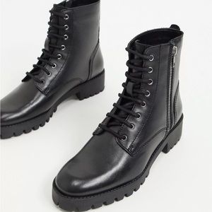 NWOT Mango lace front leather biker boots in black size 38 (US size 7.5)